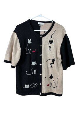 VTG Y2k Christopher & Banks Cat Embroidered Cardigan Short Sleeves Sz Large